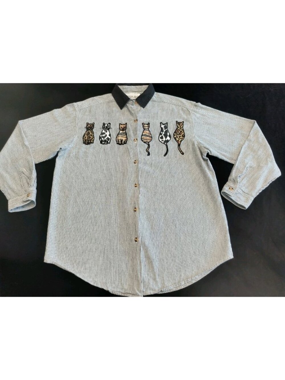 Vintage Casey & Max Striped Embroidered Shirt 2 Pieces Cottagecore Cats/Hearts M - Picture 2 of 16